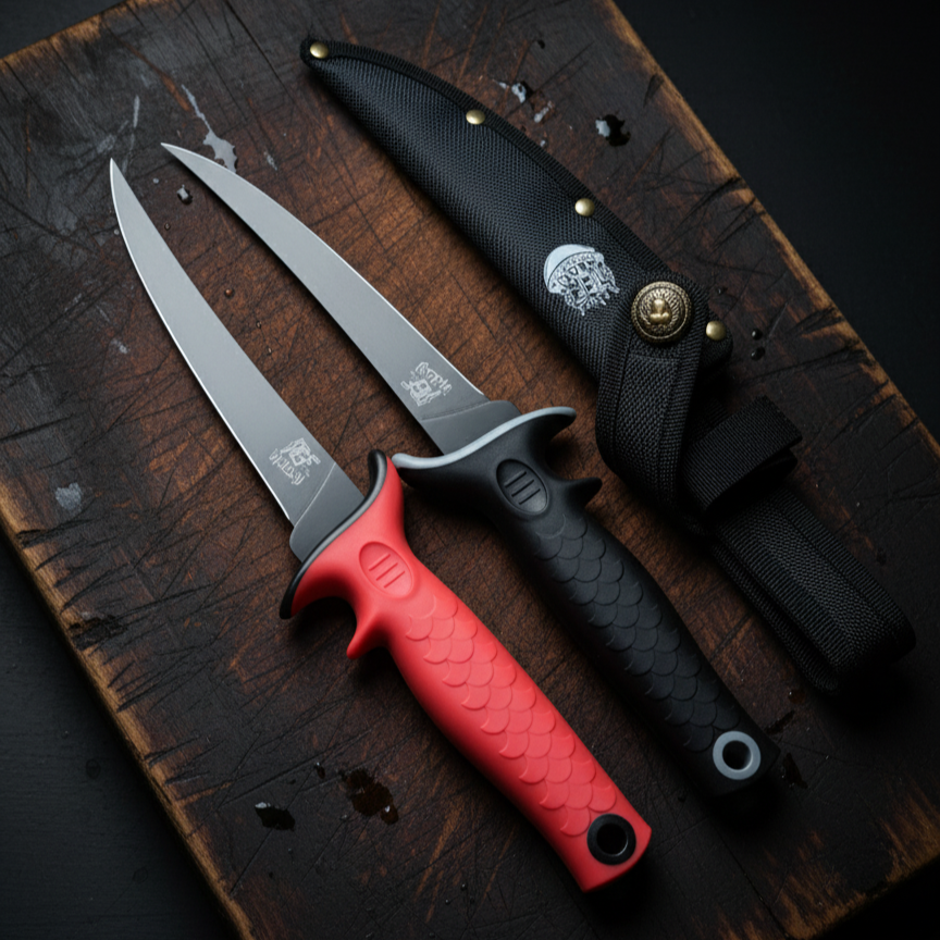 Two knives with different handles on a dark wooden surface